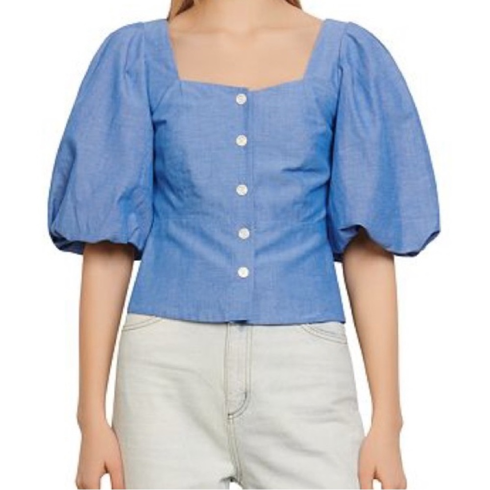 Sandro Mayan cropped shirred chambray top - Picture 1 of 10